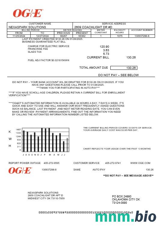 USA Oklahoma OGE Energy rachunek za usługi komunalne szablon w formacie Word i PDF